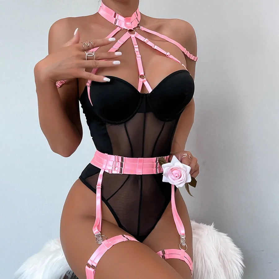 european station cross-border new sexy jumpsuit ins mesh strap stitching complex heavy craft neck sling leg ring
