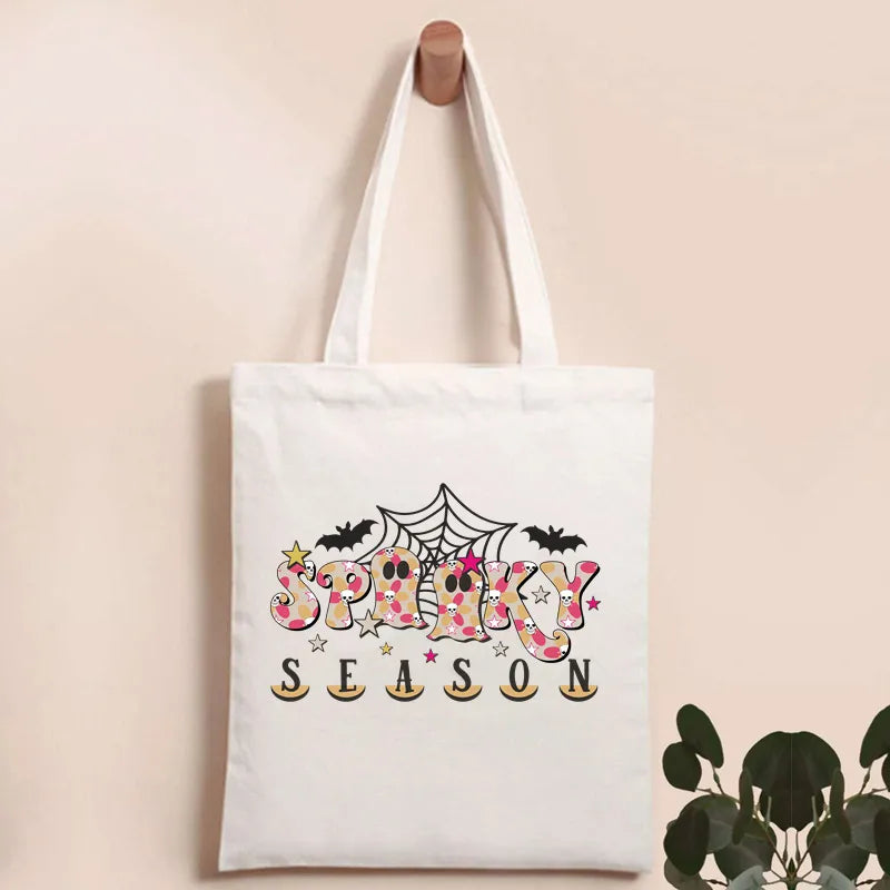 Halloween Women's Canvas Pumpkin Letter Cute Square Open Canvas Bag