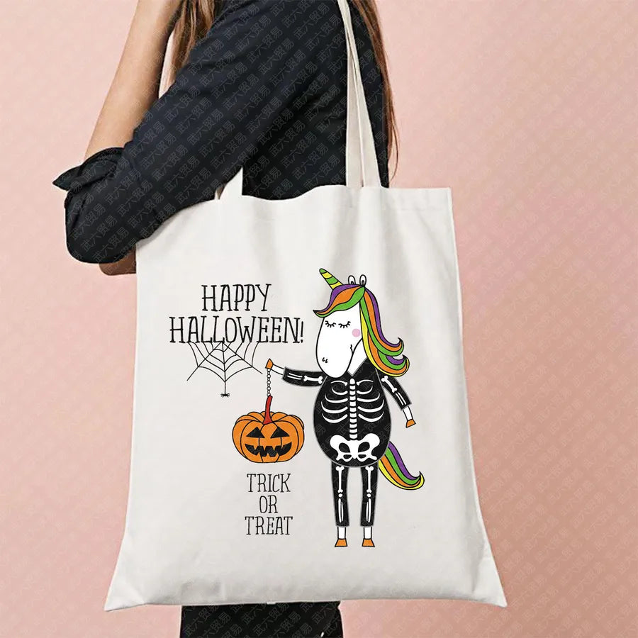 Ghost Pattern Halloween Outdoor Shopping Bag Cute Ghost Design Canvas Tote Bag For Ladies Retro Fashion Printed Large Size