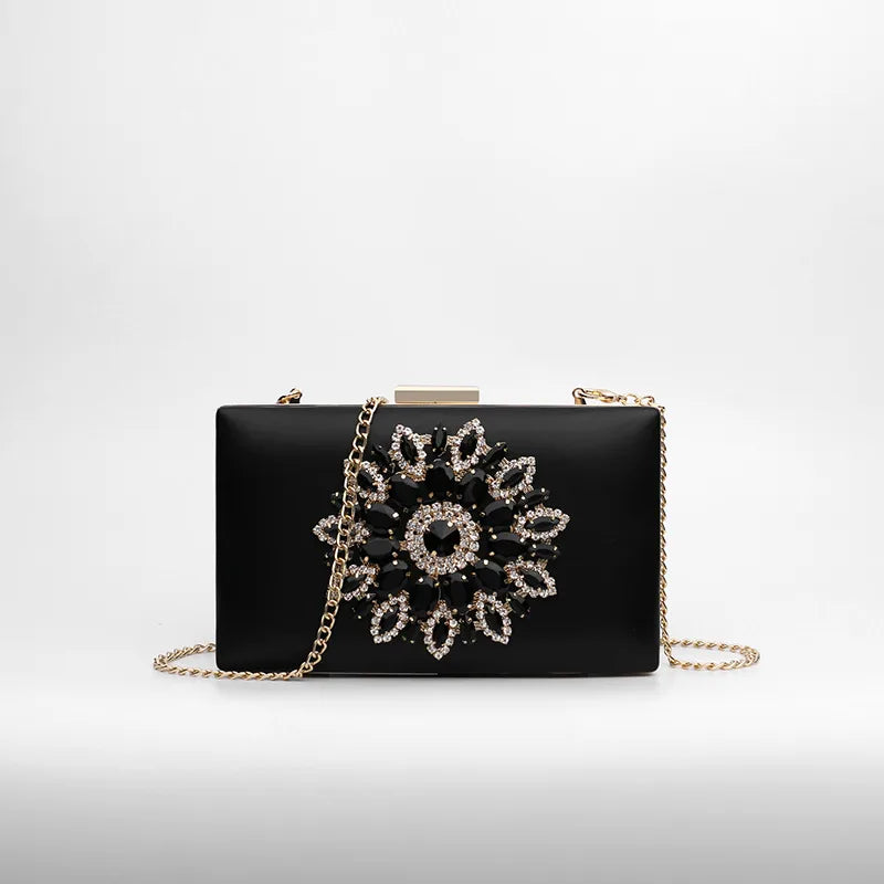 white red black pu leather flower rhinestone square evening bags