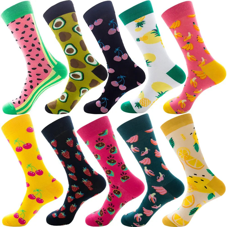 Men's Modern Style Classic Style Color Block Stripe Fruit Cotton Crew Socks A Set of 10 Pairs