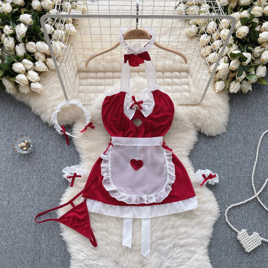 Women's Christmas Sexy Heart Shape Bow Knot Sexy Lingerie Sets Party Hanging Neck Type Low Waist Thong Sexy Lingerie