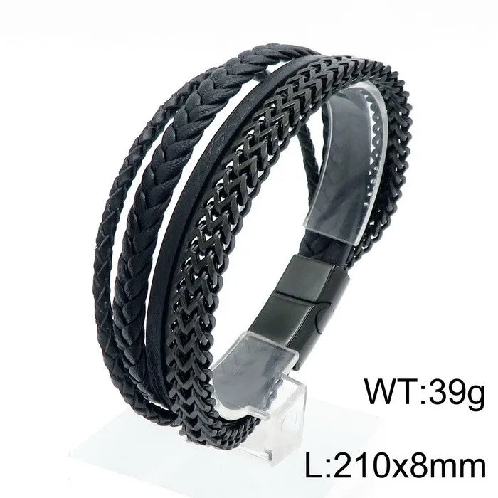 hip-hop geometric stainless steel leather braid bangle