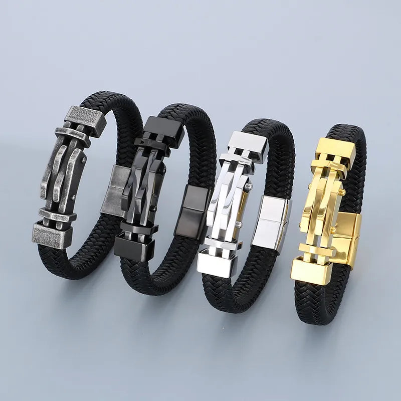 Business Color Block 304 Stainless Steel Leather Knitting 18K Gold Plated Men's Bangle