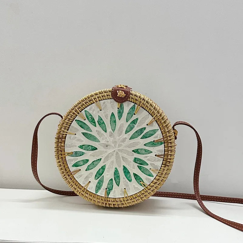 Women's Medium Rattan Floral Elegant Magnetic Buckle Dome Bag