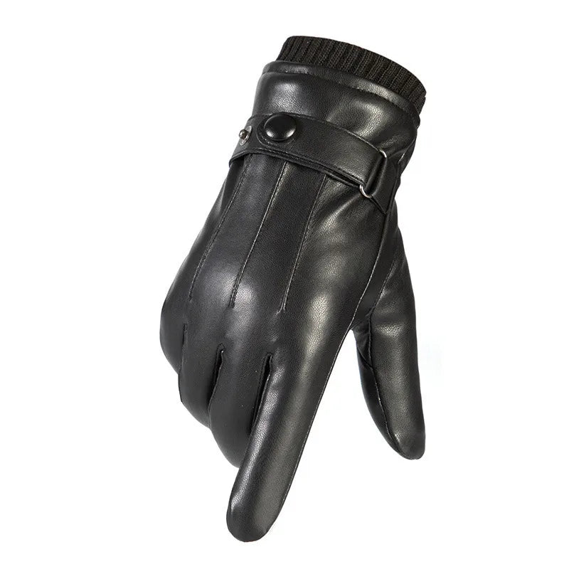 Autumn and winter men's leather gloves PU touch screen gloves fleece-lined warm warm cold driving full finger outdoor riding gloves