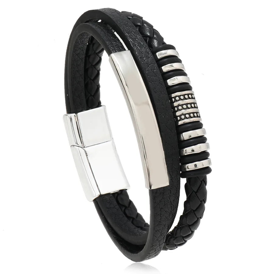 Hip-Hop Color Block Pu Leather Alloy Asymmetrical Handmade Men's Bangle