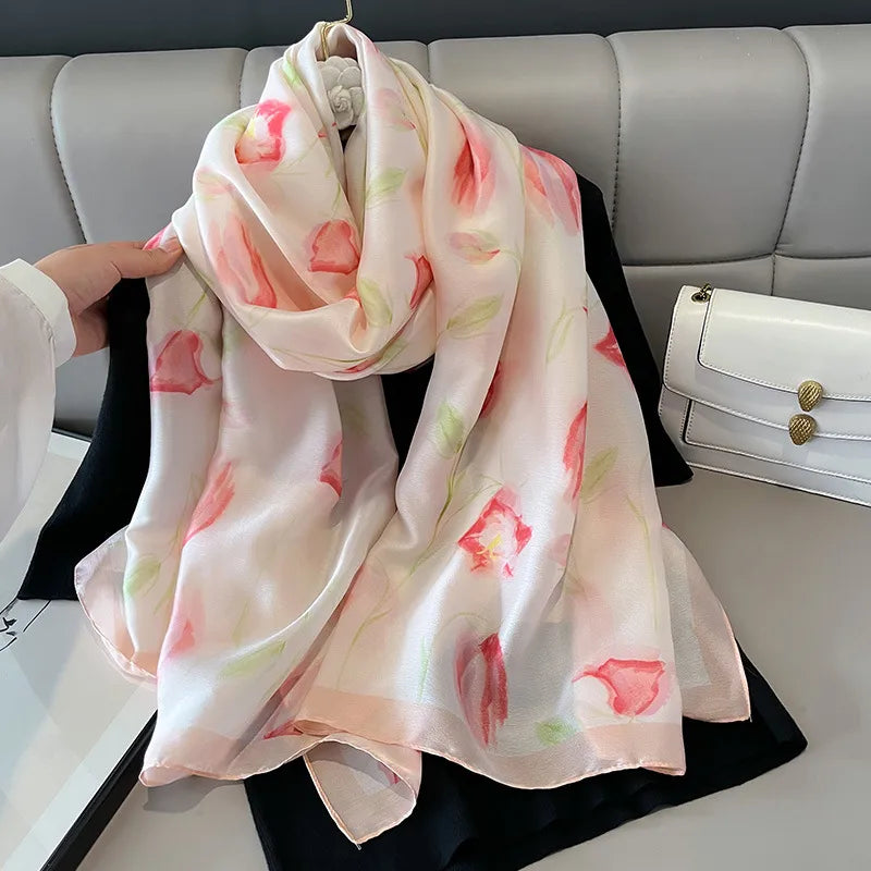New Tulip Flower Silk Beach Towel Women's High-end Gift  Summer Sun Protection Neck Protection