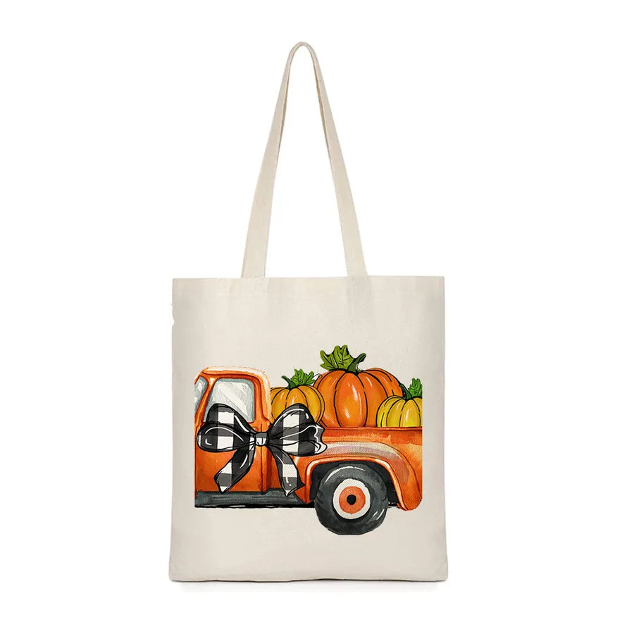 Halloween Women's Canvas Pumpkin Letter Cute Square Open Canvas Bag