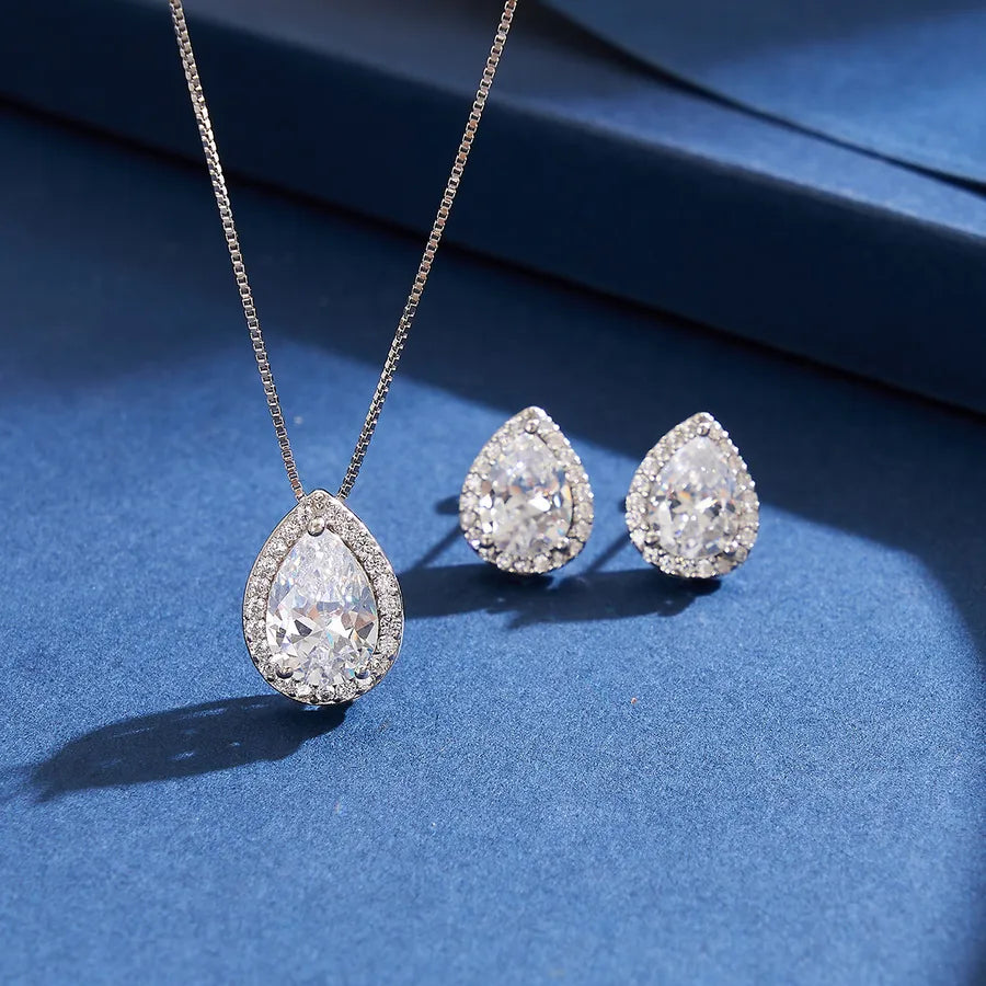 1 Set 925 Sterling Silver Water Droplets Zircon White Gold Plated box chain Jewelry Set