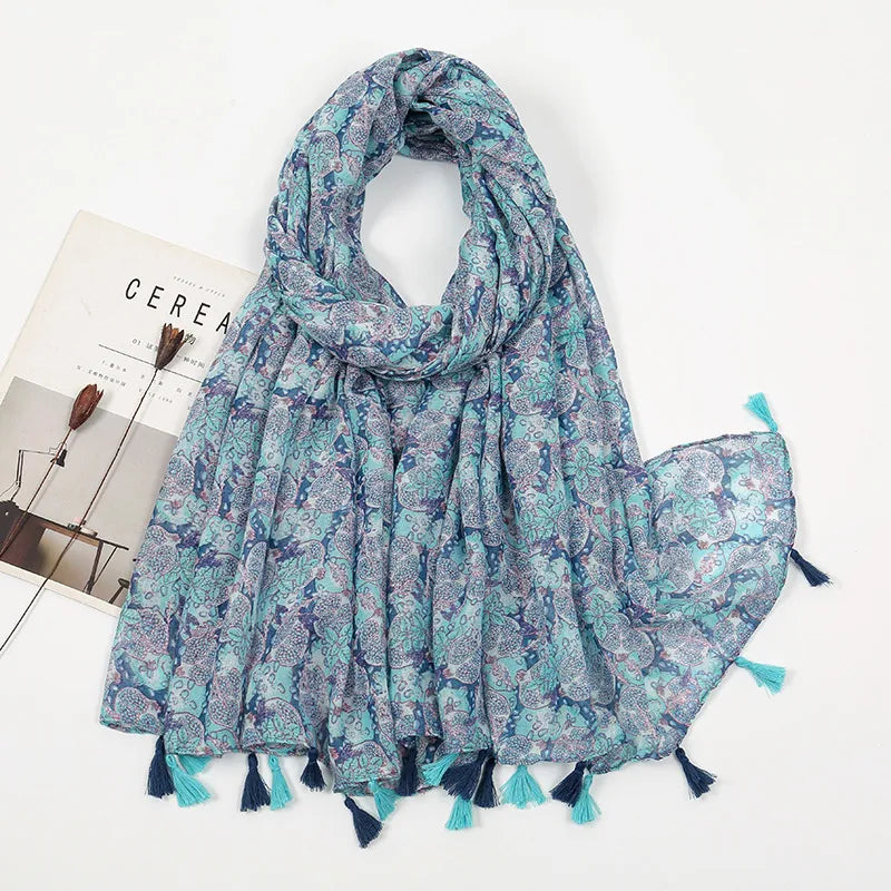 women's sweet flower cotton and linen tassel silk scarves