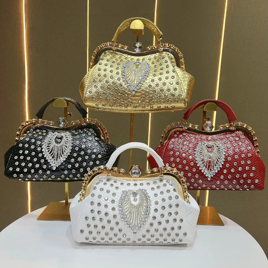 New Large Capacity Women's Handbag Luxury Crossbody Evening Dress Bag High-End Sensation Women's Bucket Shape Pu Diamond Embellished