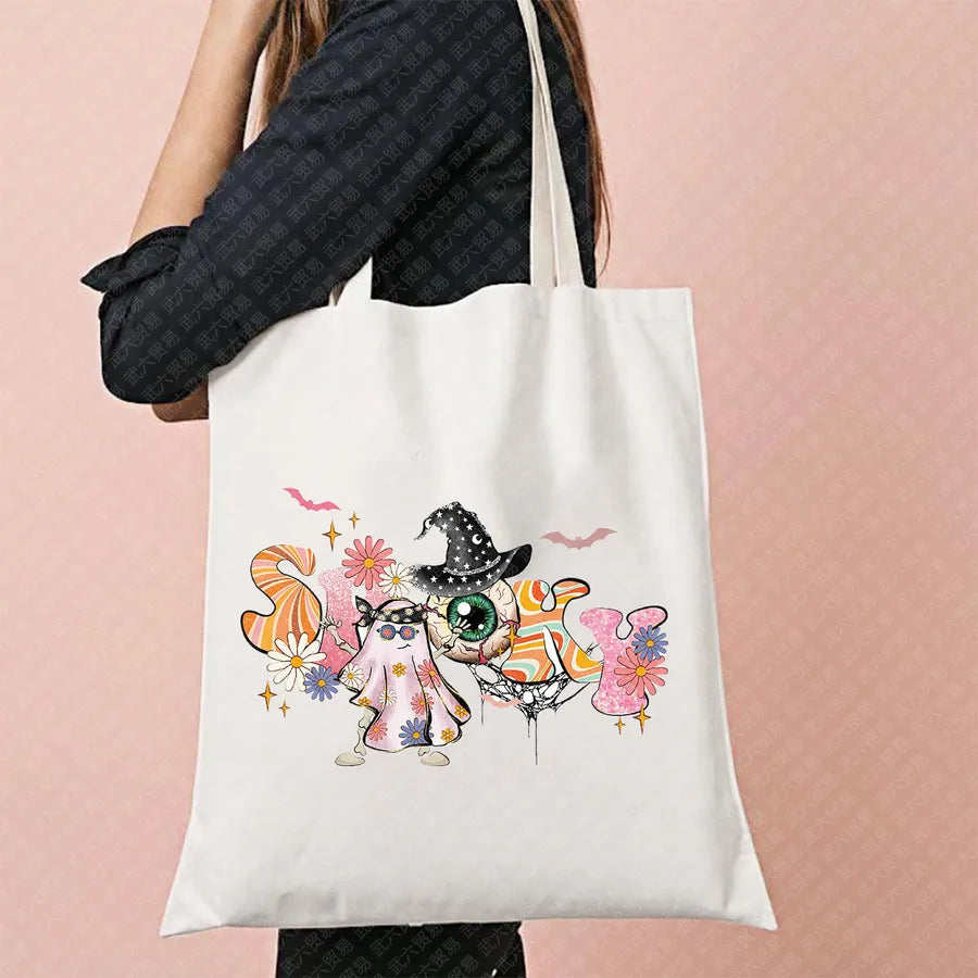 Ghost Pattern Halloween Outdoor Shopping Bag Cute Ghost Design Canvas Tote Bag For Ladies Retro Fashion Printed Large Size