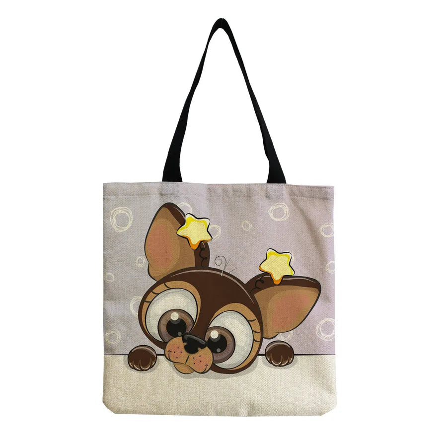 Women's Cute Animal Cartoon Linen Shopping bags