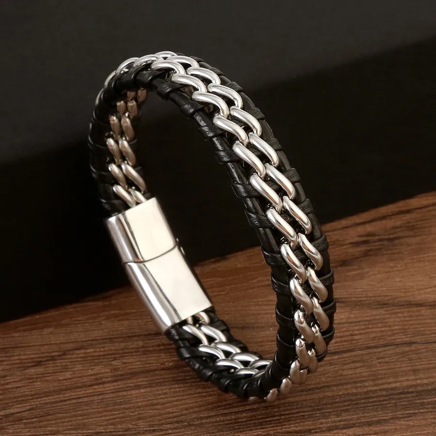 classical hip-hop color block stainless steel braid men's bangle