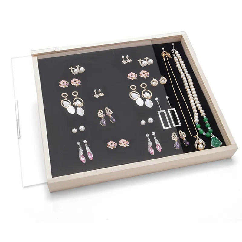 Solid wood dustproof jewelry box wall-mounted household earrings earrings display rack ring storage tray necklace earrings box
