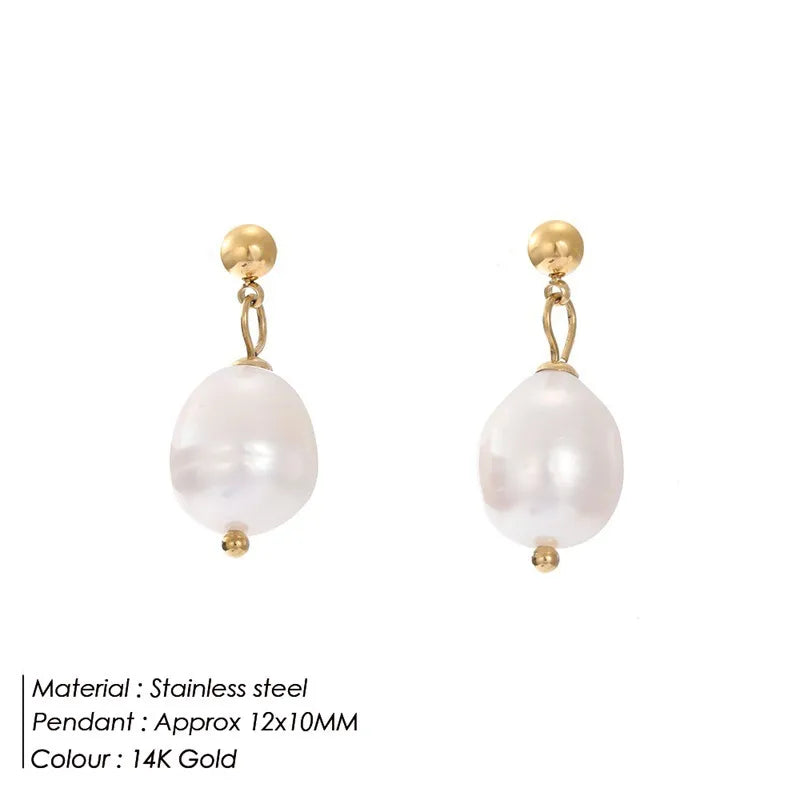 1 Pair 14K Gold Plated Freshwater Pearl Titanium Steel Pearl Geometric Drop Earrings Ear Studs