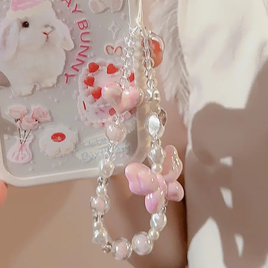 cute heart shape flower pc silica gel soft clay inlay artificial pearls women's mobile phone chain 1 piece