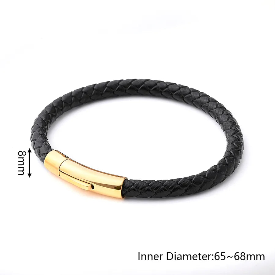 Casual Vacation Streetwear Simple Skull 18K Gold Plated 304 Stainless Steel Genuine Cowhide Polishing Plating Braid Halloween Men's wristband