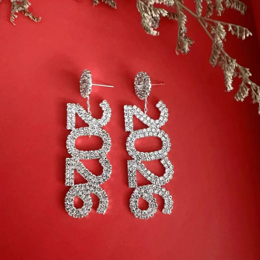 New Year 2026 Number Rhinestone Earrings Women's Christmas Gift Personalized Diamond Drop Earrings Fashion Jewelry Accessories