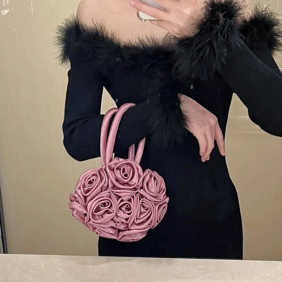 Women's Small Silk Flower Elegant Streetwear Round Zipper Evening Bag