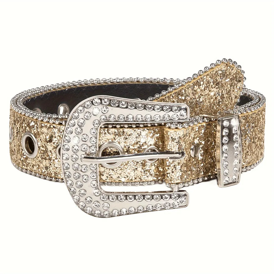 retro sweet solid color pu leather alloy diamond women's leather belts