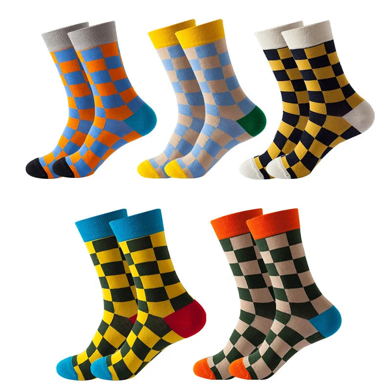 unisex casual color block checkered nylon cotton jacquard crew socks a pair