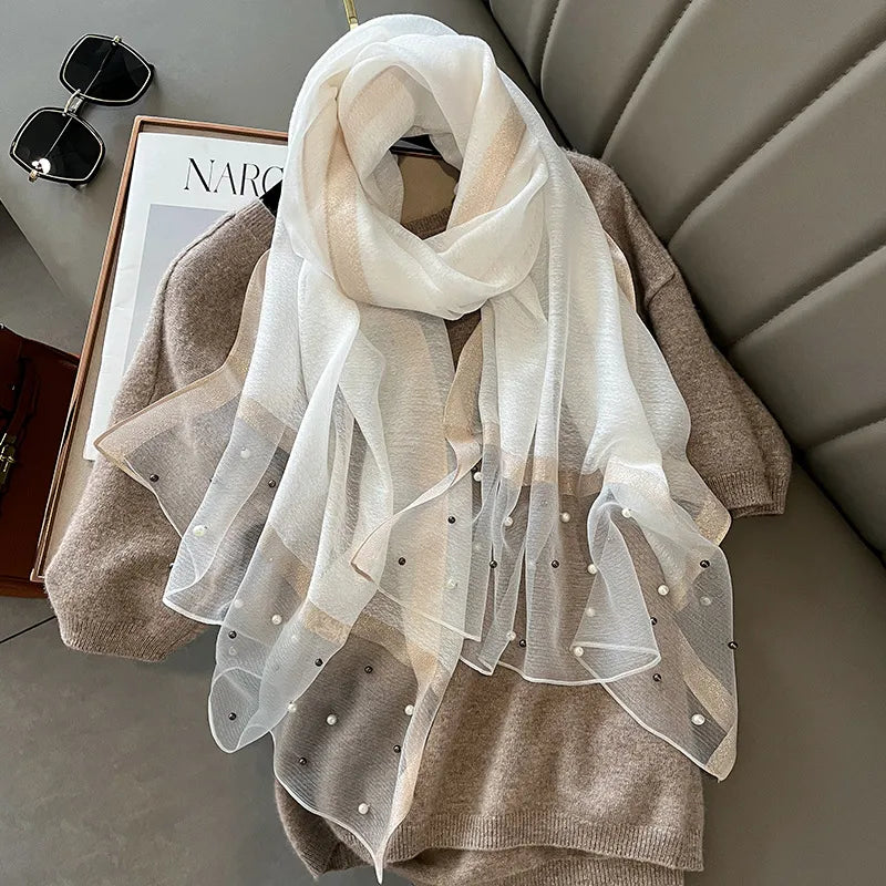 women's simple style color block satin pearl silk scarf