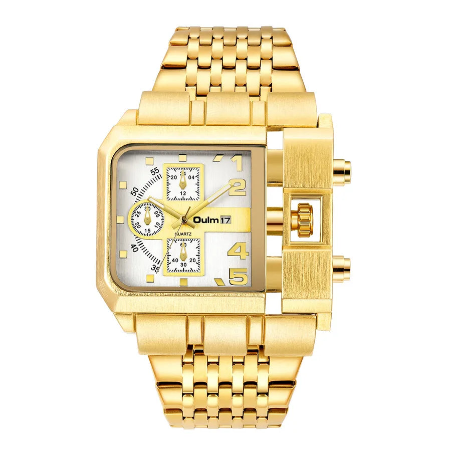 Oulm gold  large dial men's watch steel band calendar square quartz men's watch  leisure style wrist