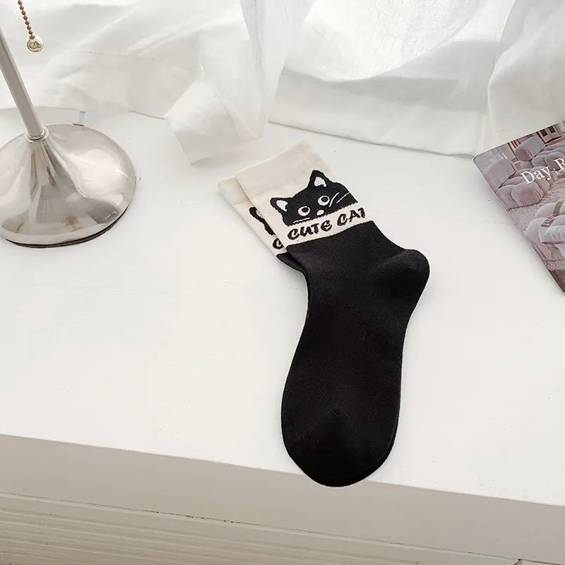 A Pair Cute Sweet Women's Letter Cat Cotton Crew Socks
