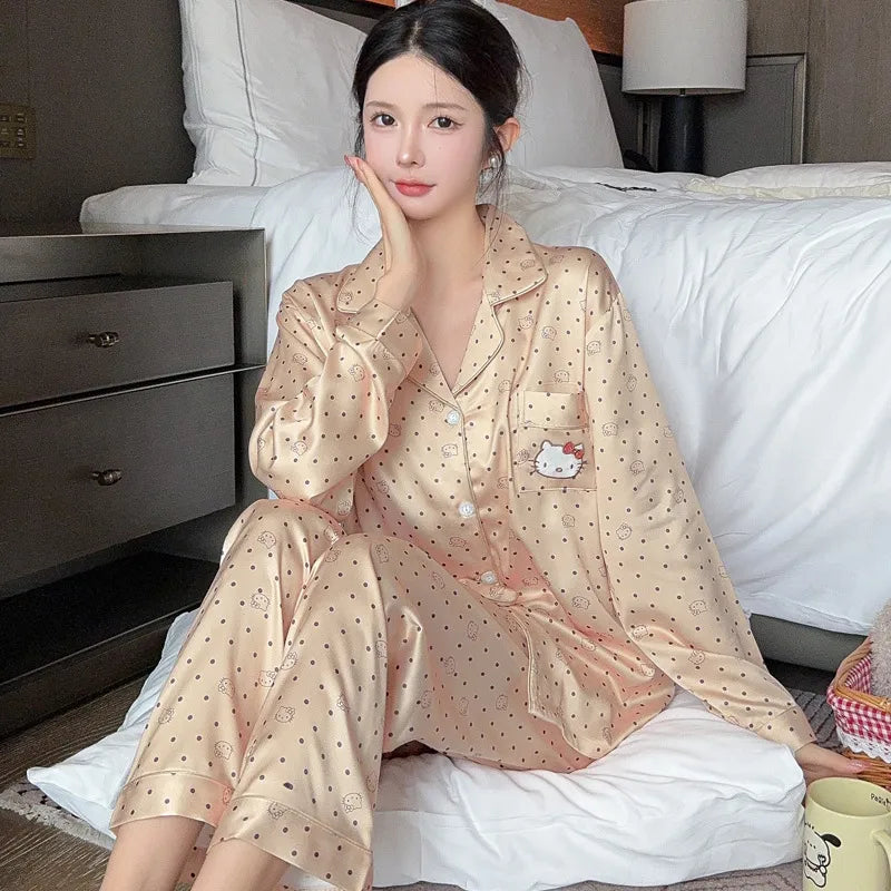 French Anti-Aging Sleepwear Women's Spring Autumn New Simple Polka Dot Long Sleeve Long Pants Ice Silk Home Clothes Fashion Set
