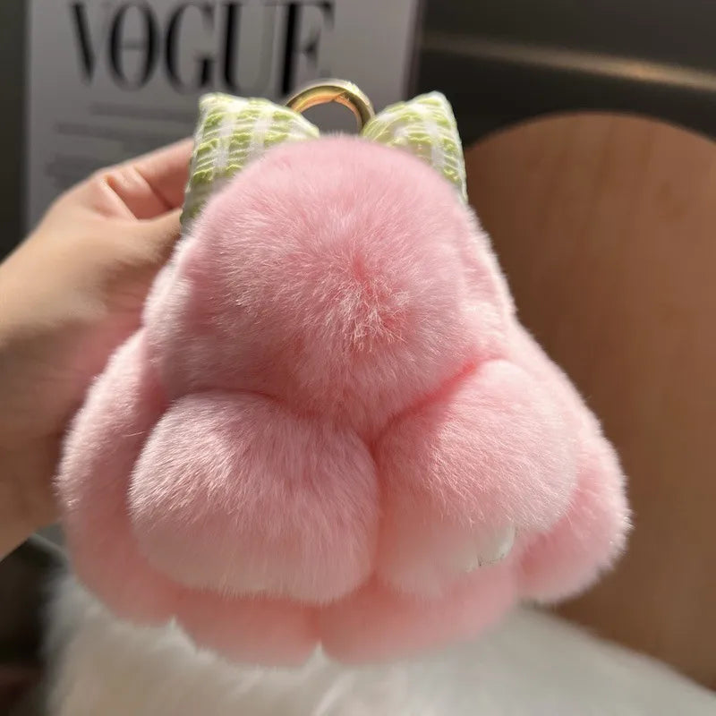 Cute real Rex rabbit fur bow rabbit car key chain pendant plush doll schoolbag bag hanging ornaments wholesale