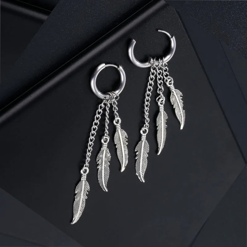 1 piece simple style feather titanium steel tassel chain drop earrings