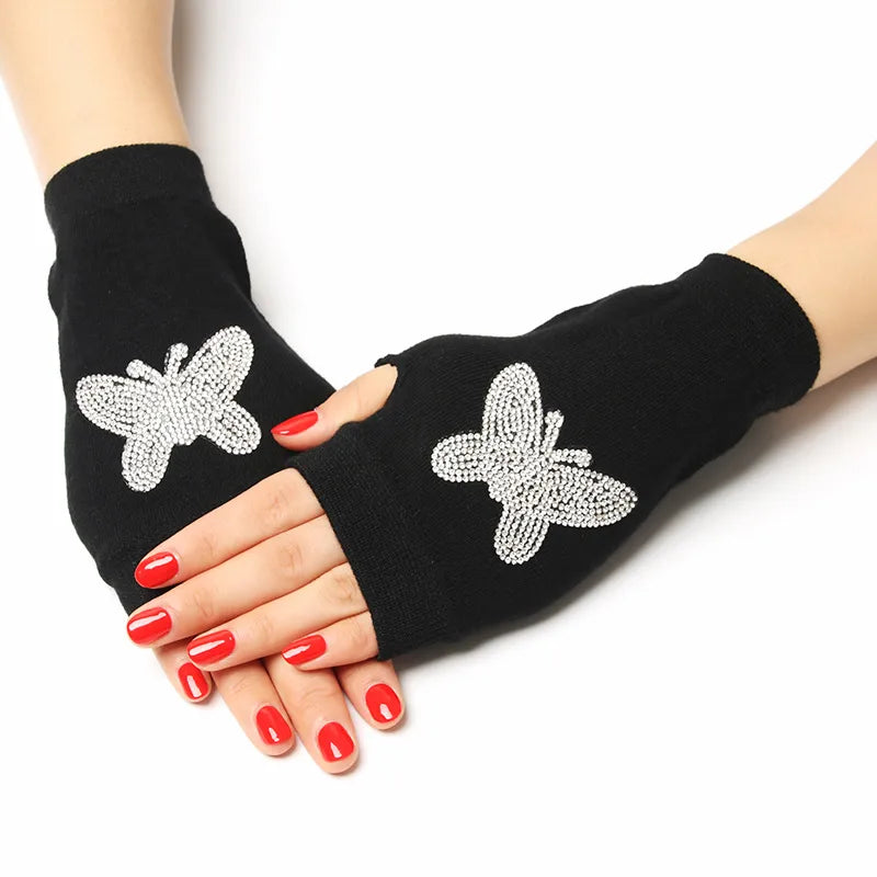 unisex retro bear owl flower knitted fabric gloves 1 pair