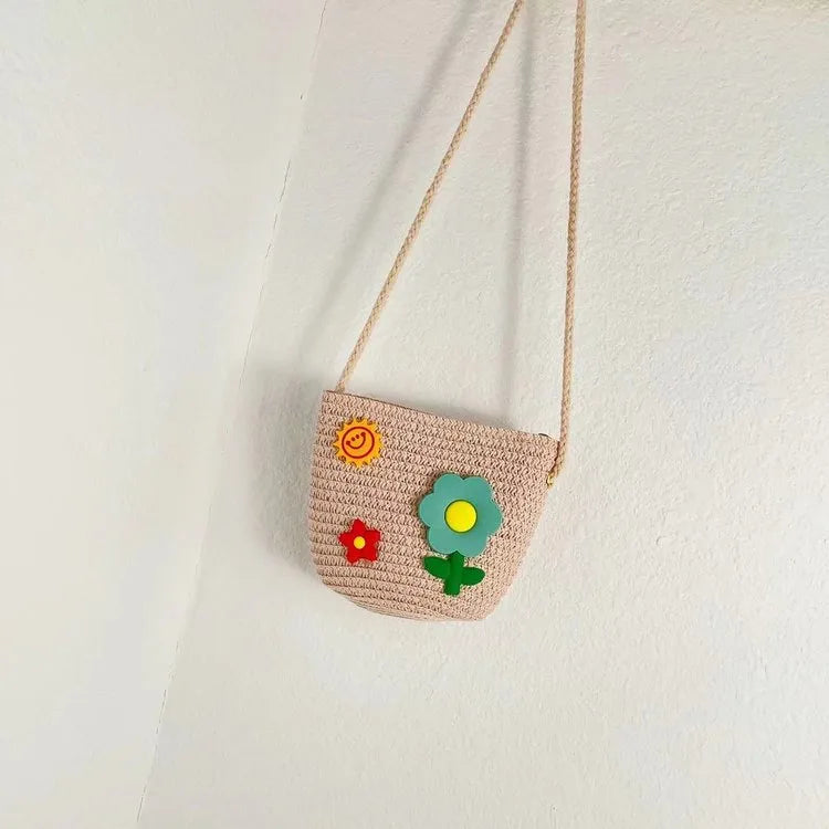 Kid'S Straw Flower Cute Square Zipper Shoulder Bag