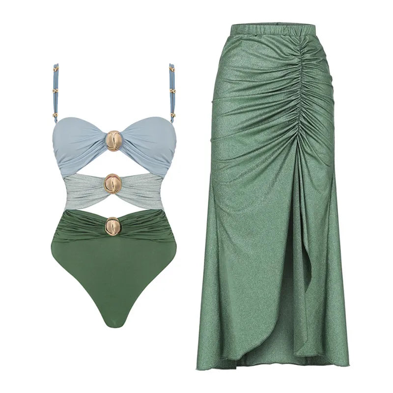 Women's Basic Classic Style Color Block 2 Pieces Set One Piece Swimwear