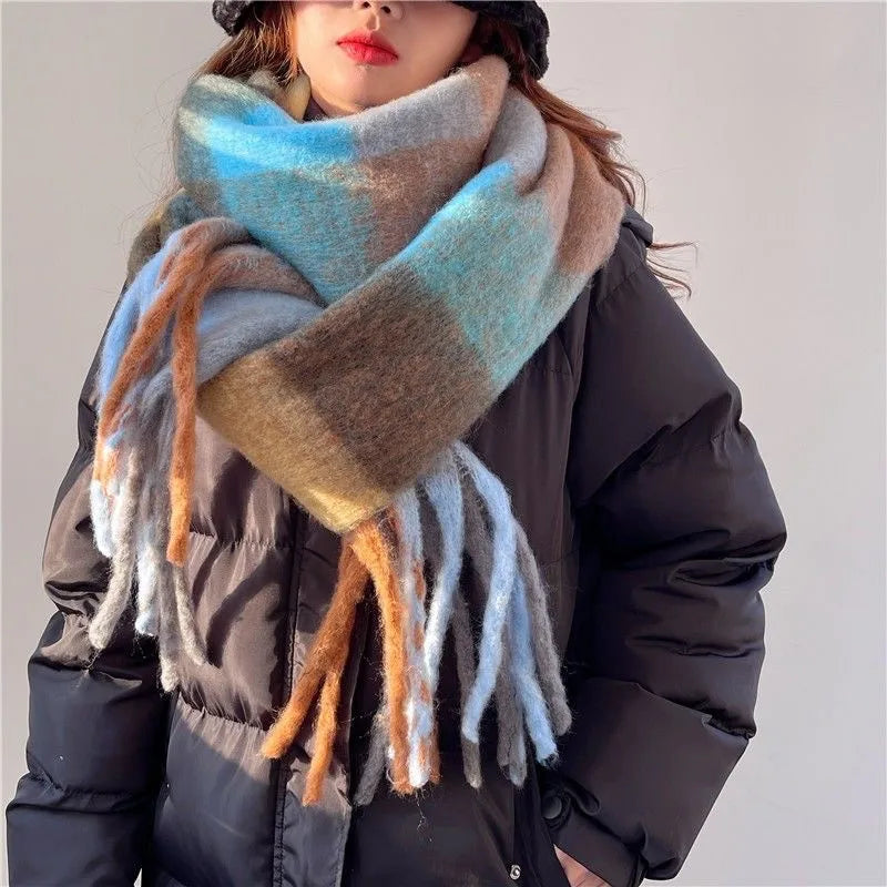 women's simple style lattice imitation cashmere tassel scarf