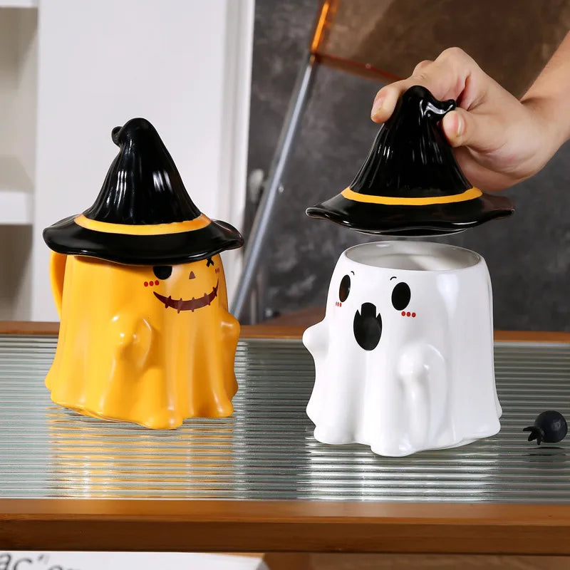 Creative Ghost Ceramic Mugs Halloween Office Coffee Cups With Lid Personalized Funny Water Cups Cartoon Style Gift Ideas