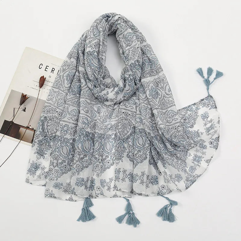 women's sweet flower cotton and linen tassel silk scarves