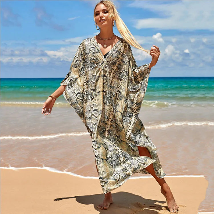 women's beach color block printing cover ups