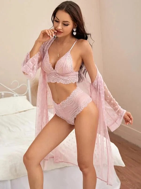 Sexy Underwear Women's Transparent Sexy Lace Mesh Nightdress Tulle Sling Skirt Bathrobe Three-piece Set
