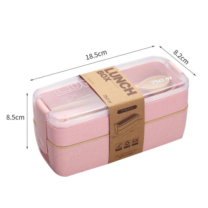 Square three-layer wheat straw fiber plastic lunch box student adult lunch box with tableware can be customized logo