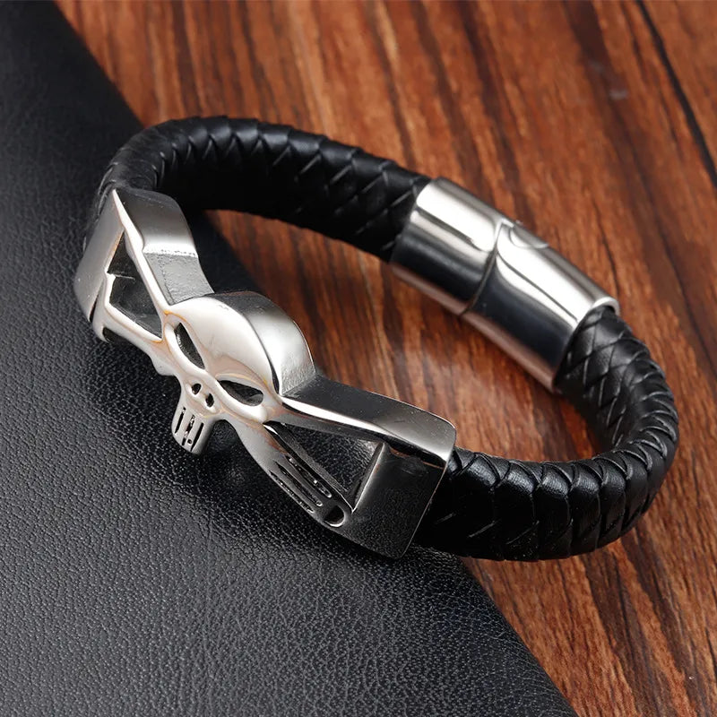Vintage Style Classic Style Geometric Skull Pu Leather Titanium Steel Woven Chain Wrap Bracelets Wholesale