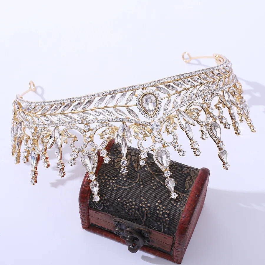 fashion leaf water droplets crown alloy rhinestone inlay artificial crystal crown 1 piece