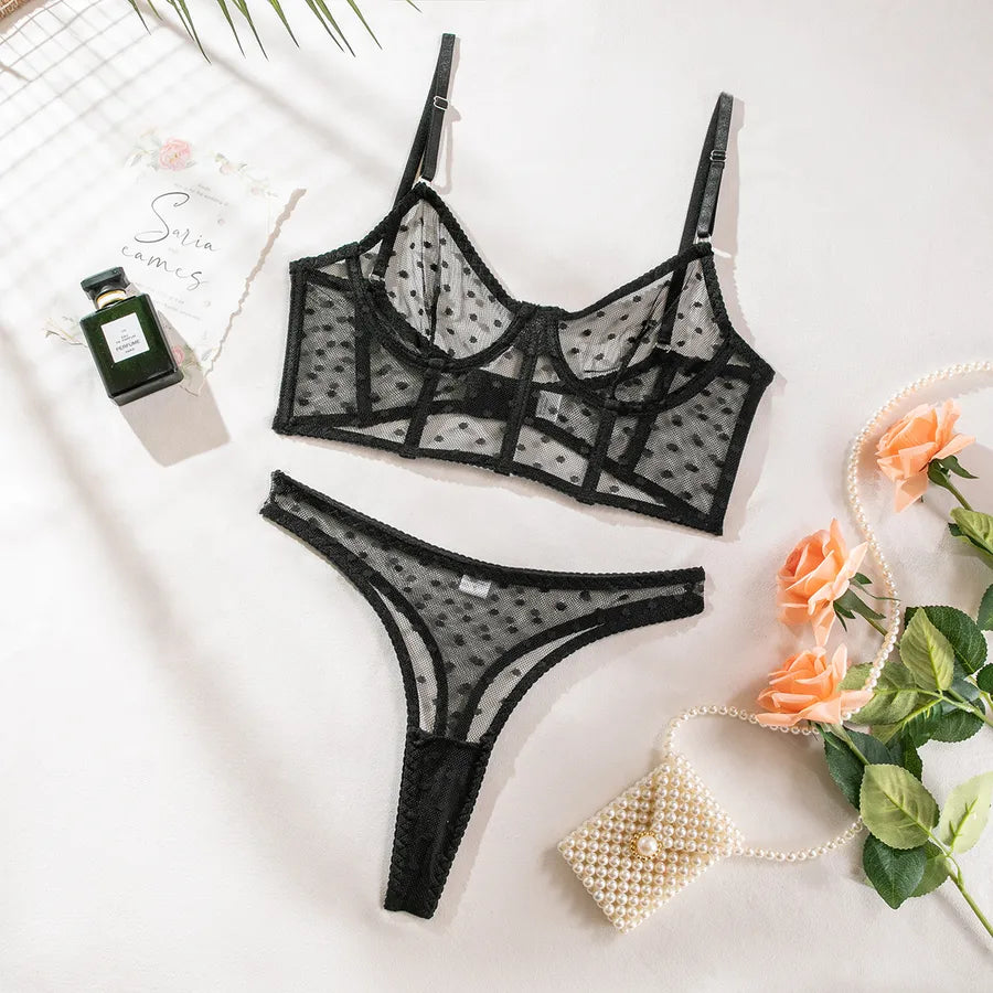 women's sexy round dots sexy lingerie sets party see-through sheer bra low waist thong panties