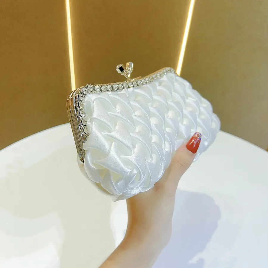 Elegant Silk Ladies Clutch Bag Diamond Embellished Evening Bag Wedding Bride Handbag Square Polyester Fashion Folded Design