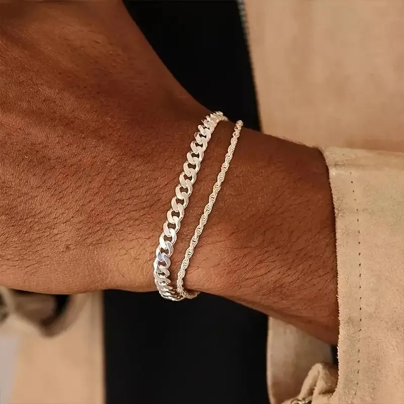 Ornament Fashion Men's Hemp Flowers Chain Hip Hop Bracelet Suit Simple Cuban Link Chain Two-Piece Bracelet