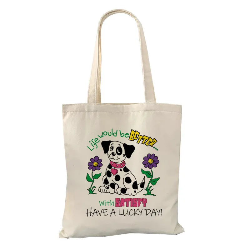 Women's Cute Animal Letter Canvas Shopping bags