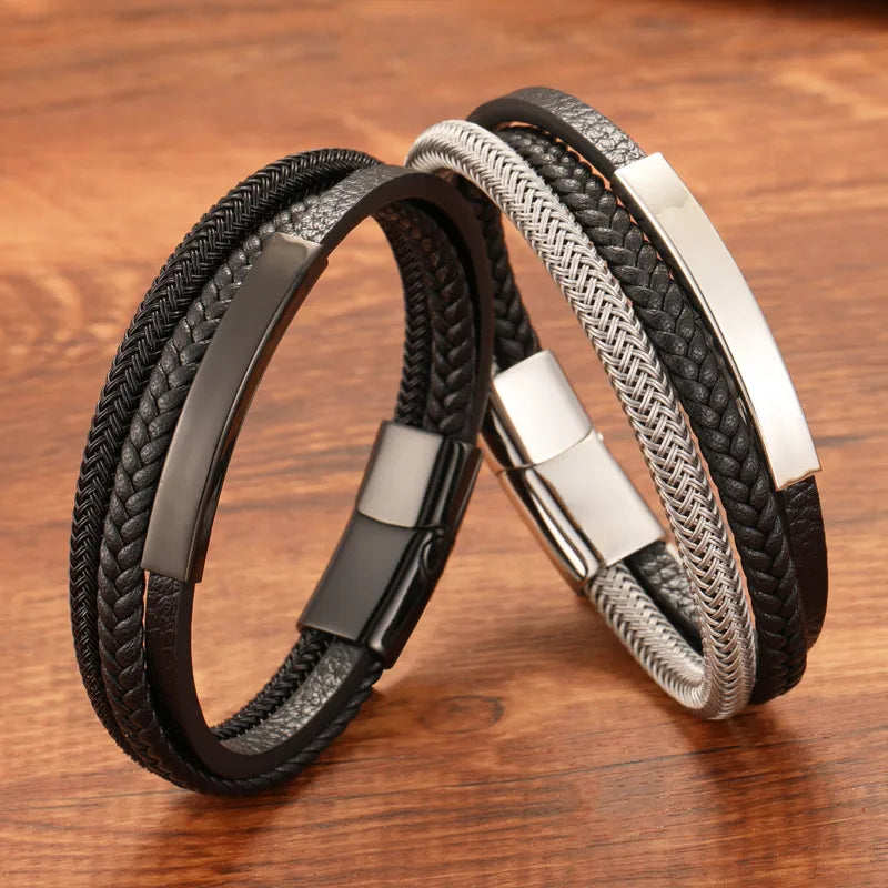 Hip-Hop Vintage Style Geometric Pu Leather Titanium Steel Woven Chain Wrap Bracelets Wholesale
