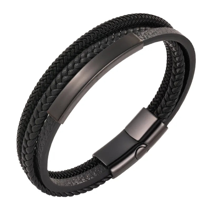 Hip-Hop Vintage Style Geometric Pu Leather Titanium Steel Woven Chain Wrap Bracelets Wholesale